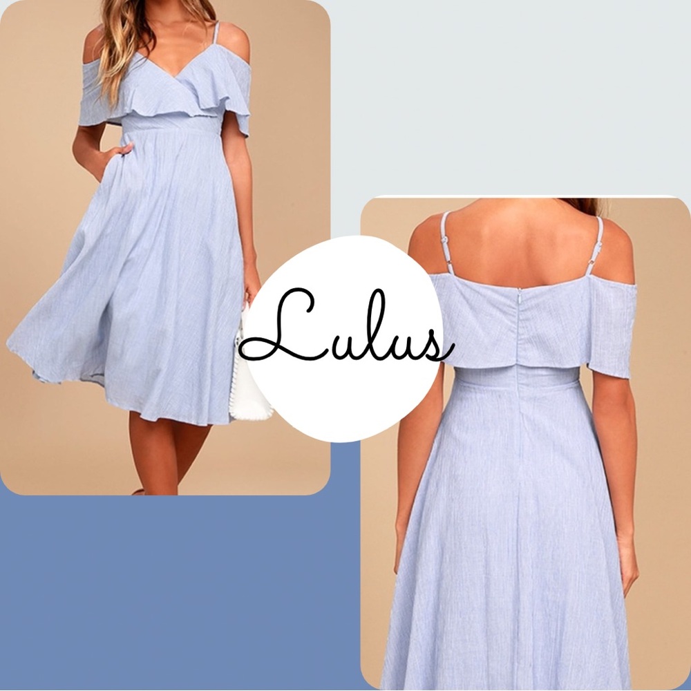 Lulus Yacht Rock Off-Shoulder Midi Dress - Size small blue